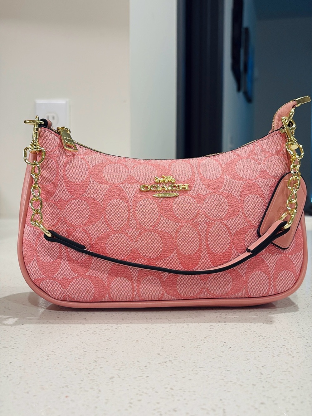 COACH Pink Signature Jacquard Chain-Accent Shoulder Bag